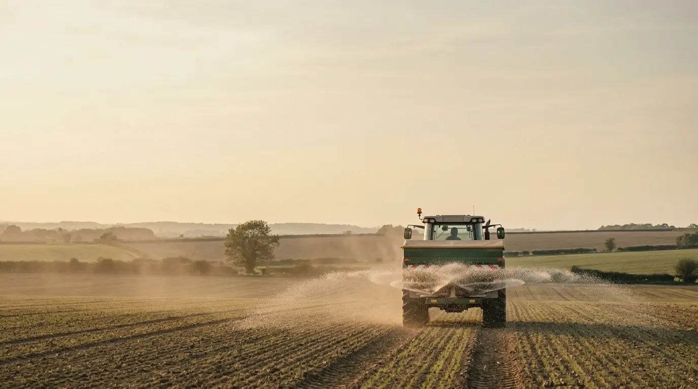 Tilth: a tractor spreading fertiliser across a UK field at golden hour