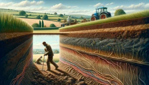 Soil Science in the UK and Tilth A detailed and photorealistic illustration of tilth and soil science in the UK. The scene features a close up view of soil with a fine, crumbly textur (2)